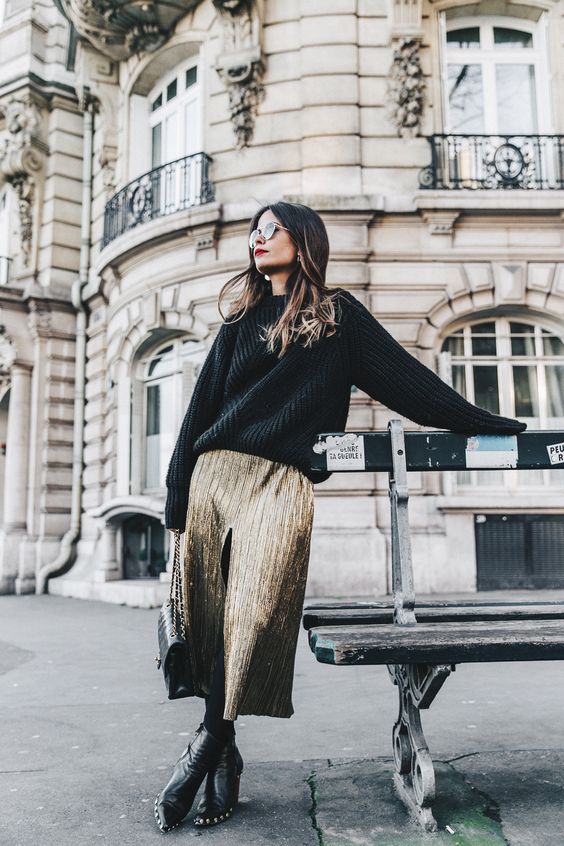 oversized-sweater-and-metallic-skirt via