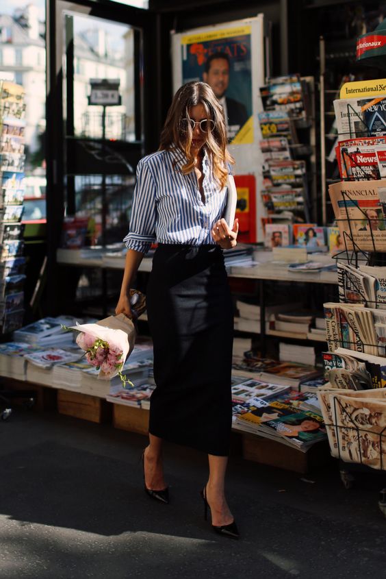 striped-top-and-black-skirt via