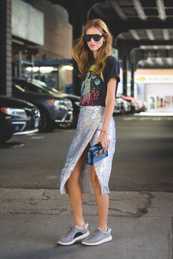 t-shirt-and-sliver-metallic-skirt via