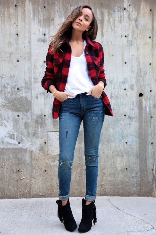 tartan-shirt-white-t-shirt-and-jeans via