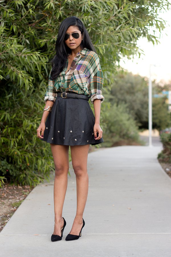 tartan-top-and-black-skirt via