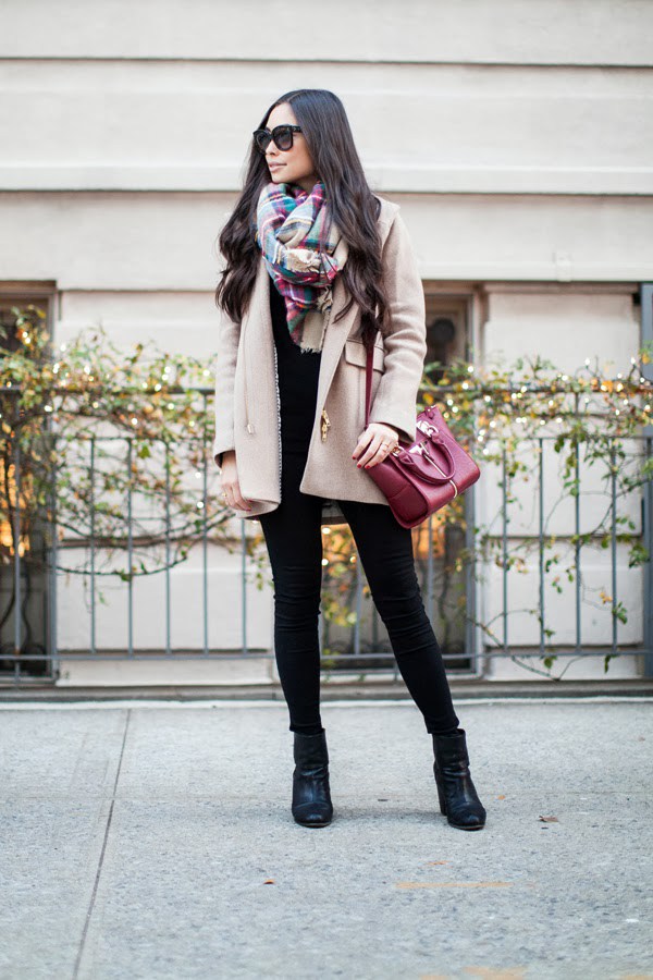 beige-coat-and-tartan-scarf via