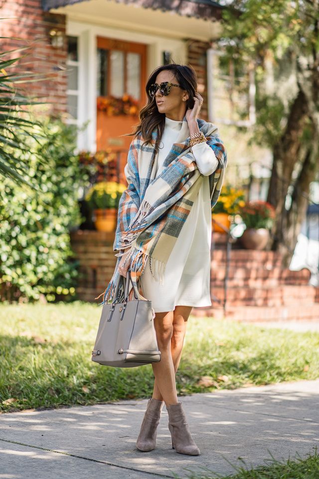 beige-dress-plaid-scarf-and-grey-boots via