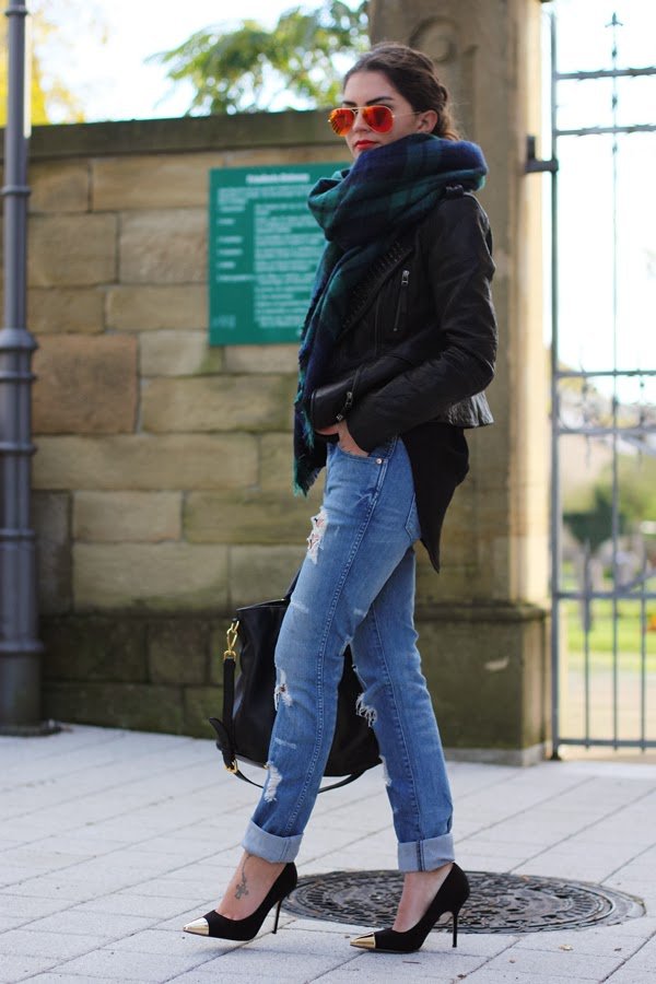 black-jacket-and-tartan-scarf via