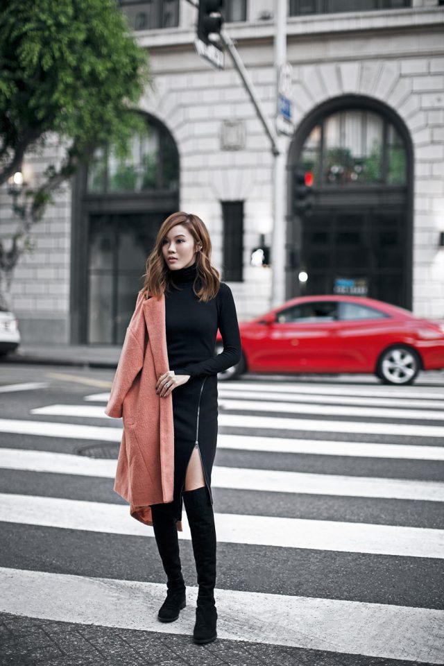 black-turtleneck-dress-and-pink-coat via