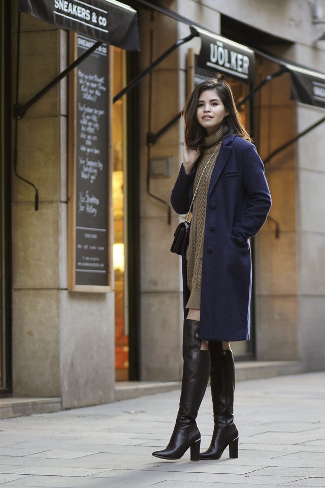 brown-turtleneck-dress-and-deep-blue-coat via