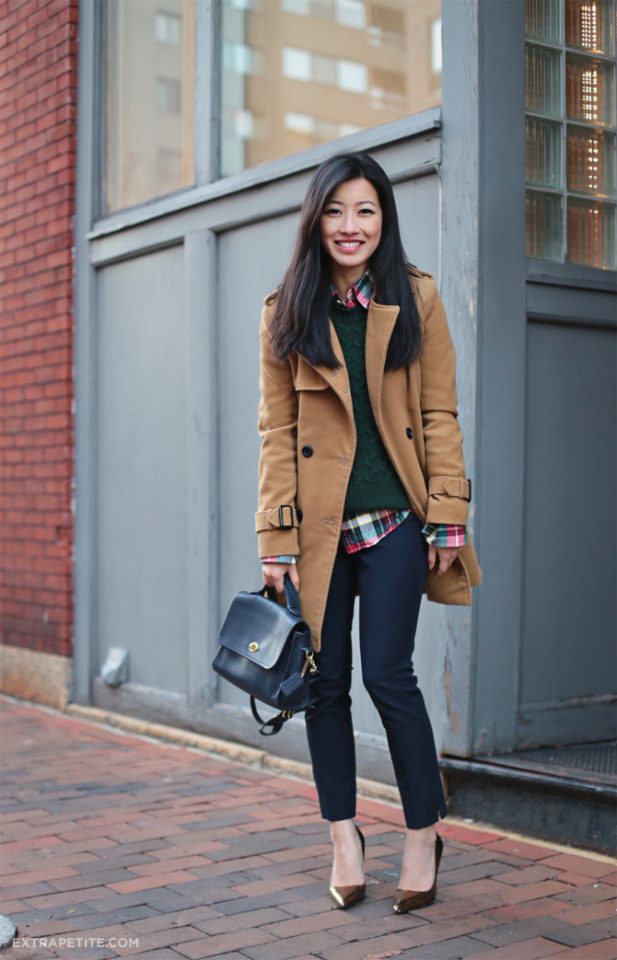 camel-trench-green-jumper-blue-crop-pants-and-tartan-shirt via