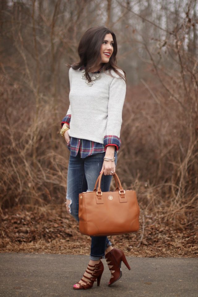 grey-jumper-tartan-shirt-and-ripped-jeans via