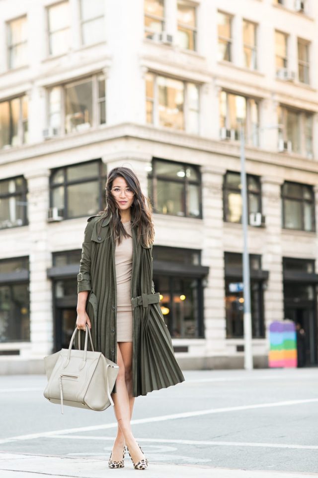 khaki-trench-coat-nude-dress-and-leopard-heels via