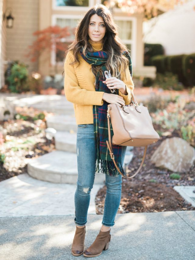 turtleneck-sweater-and-tartan-scarf via