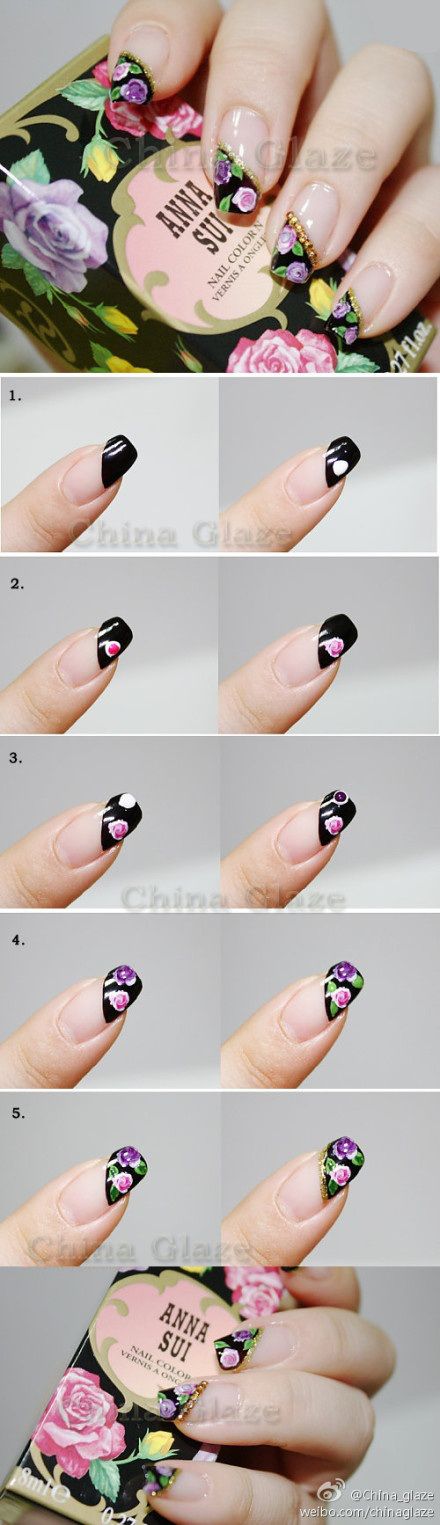 floral-nails-with-glitter via