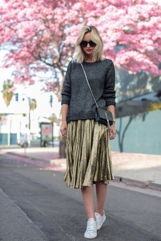 grey-sweater-and-metallic-skirt via