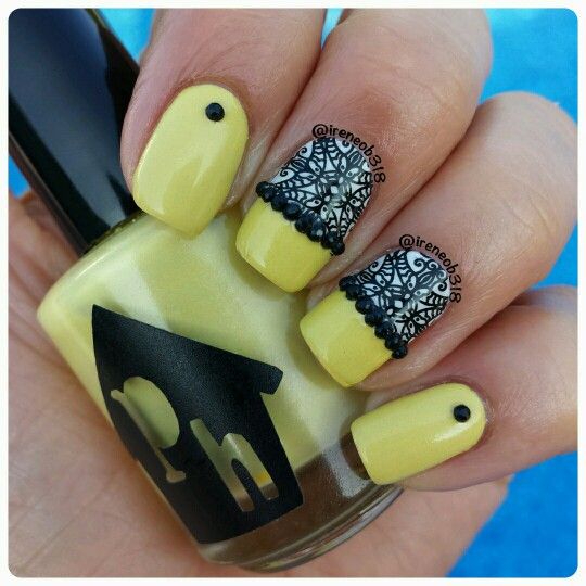 mustard-nails-with-black-stamping via