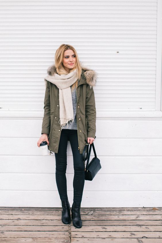 khaki-coat-black-pants-and-white-scarf via