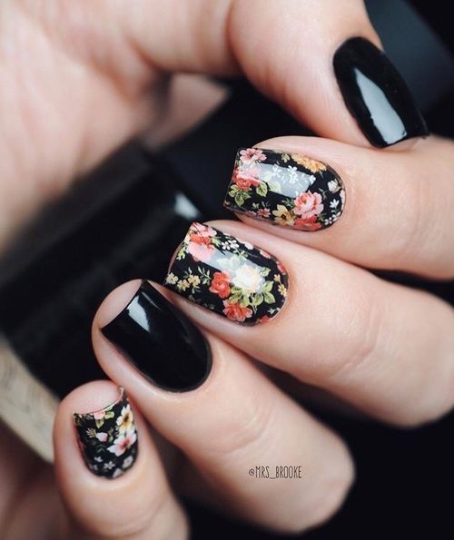 20 Spring Nail Designs 2017 43 Black Nails with Roses