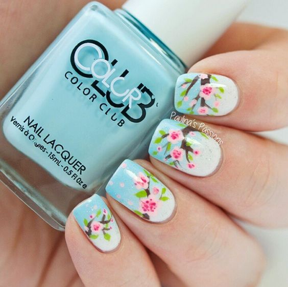 Blue Nails with Flowers