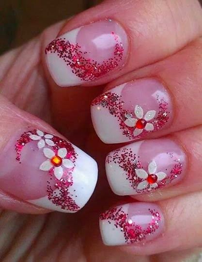 20 Spring Nail Designs 2017 42 Floral Nails with Glitter