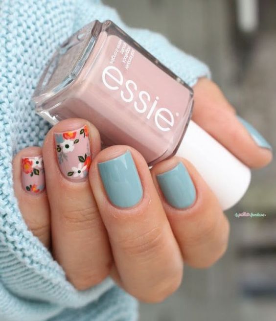 20 Spring Nail Designs 2017 45 Pale Blue Nails with Flowers
