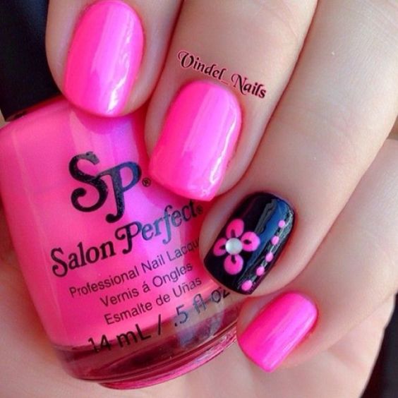 20 Spring Nail Designs 2017 46 Pink and Black Nails with Flowers