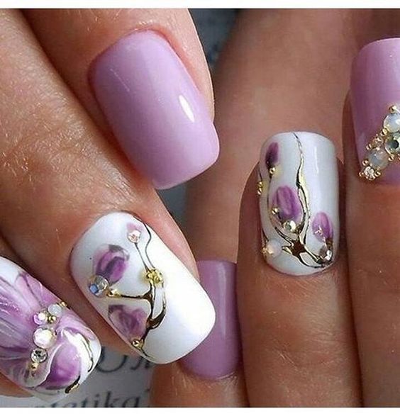 Purple Floral Nails with Gems
