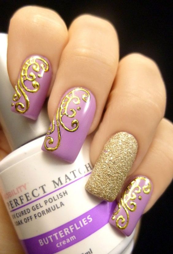 20 Spring Nail Designs 2017 60 Purple Nails with Golden Flowers