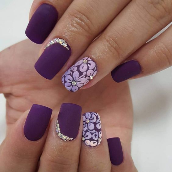 Purple Nails with White Flowers