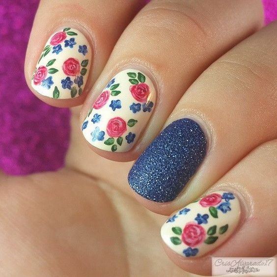 20 Spring Nail Designs 2017 49 Rose Nails with Glitter