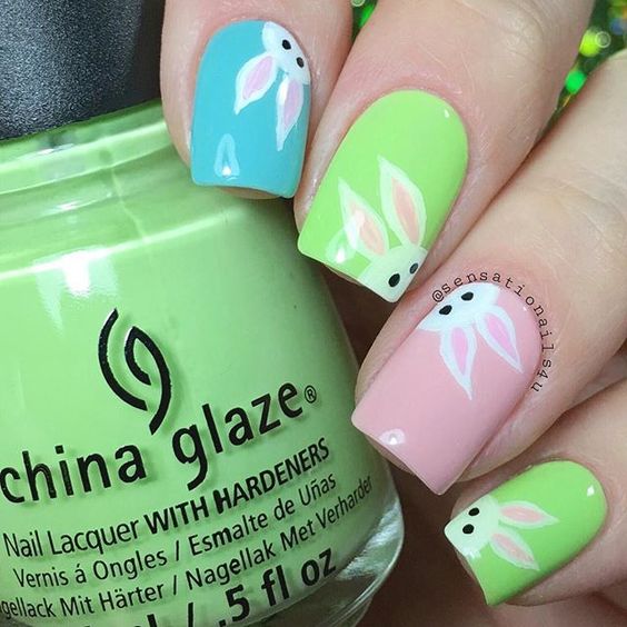 Blue Green and Pink Bunny Nails