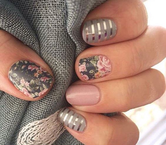 Grey and Nude Floral Nails