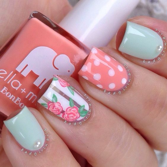 Nails with Flowers and Polka Dots