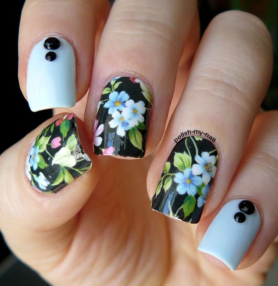 Pale Blue Nails with Flowers