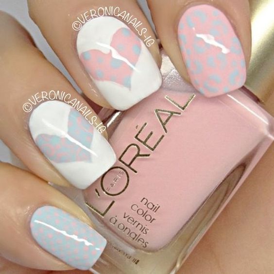 Pastel Nails with Leopard Patterns and Heart Shape