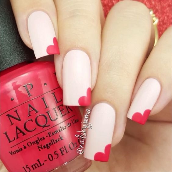 Pink Nails with Red Hearts