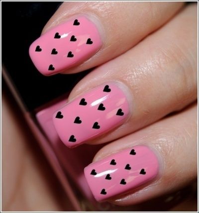 Pink Nails with Small Black Hearts