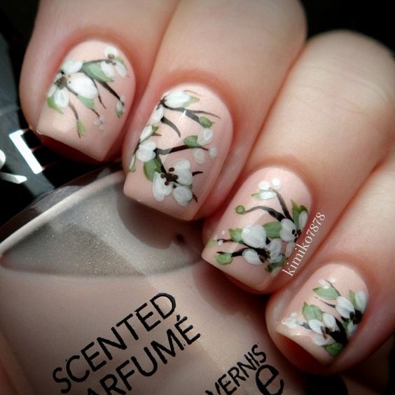 Pink Nails with White Flowers