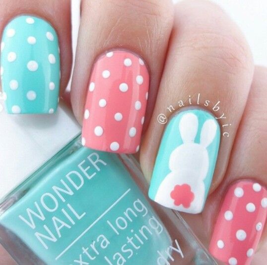 Pink and Blue Nails with Dots and Bunny