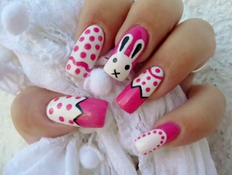 Pink and White Bunny Nails