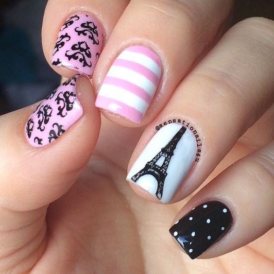 Pink Black and White Paris Inspired Nails