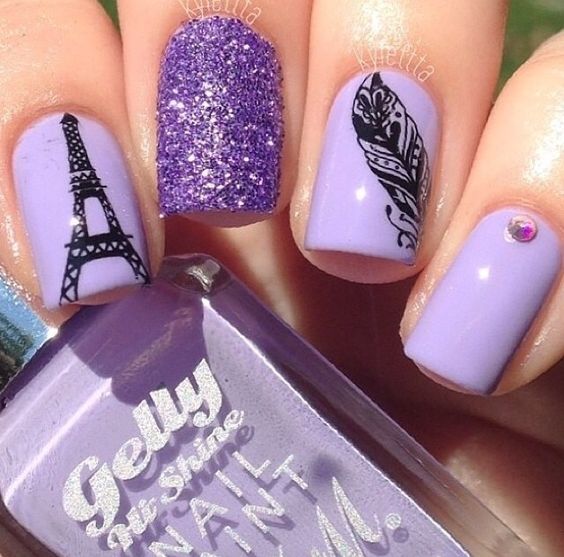 Purple Nails with Eiffel Tower