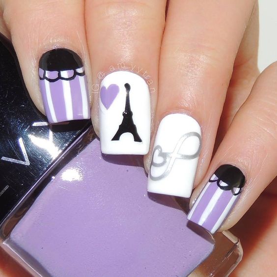 Purple and White Striped Nails with Eiffel Tower