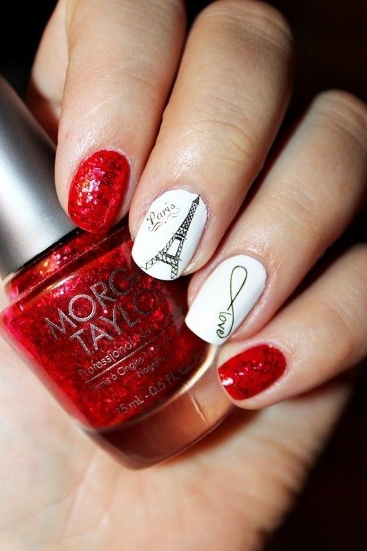 Red and White Nails with Eiffel Tower
