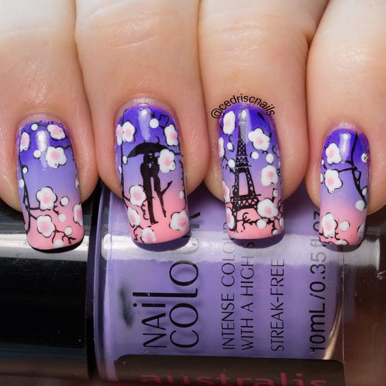 Romantic Ombre Nails with Eiffel Tower