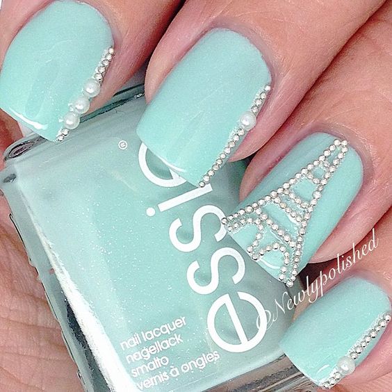Teal Nails with Eiffel Tower Design