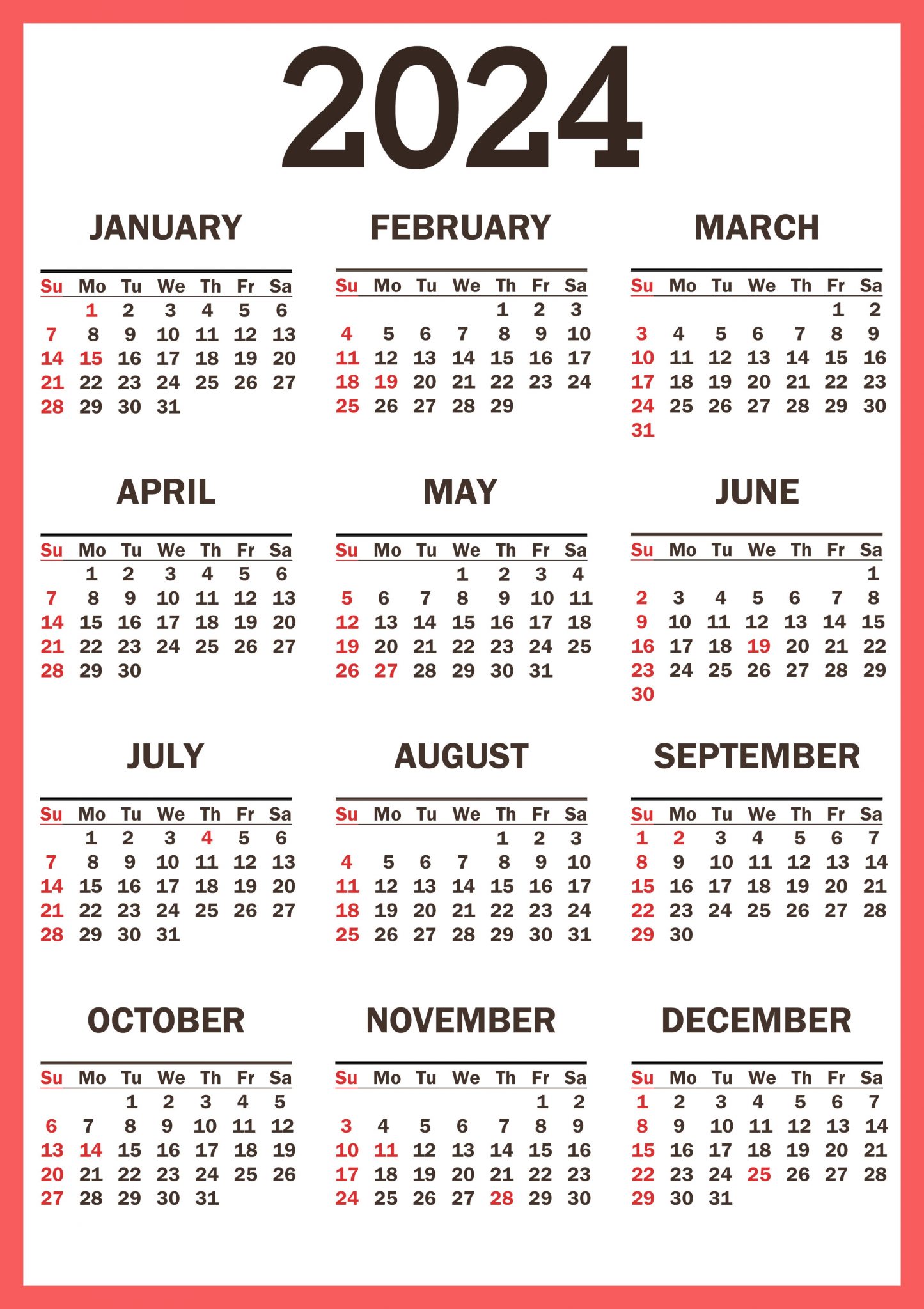 2024 Calendar with Holidays (Printable and Free Download) Pretty Designs