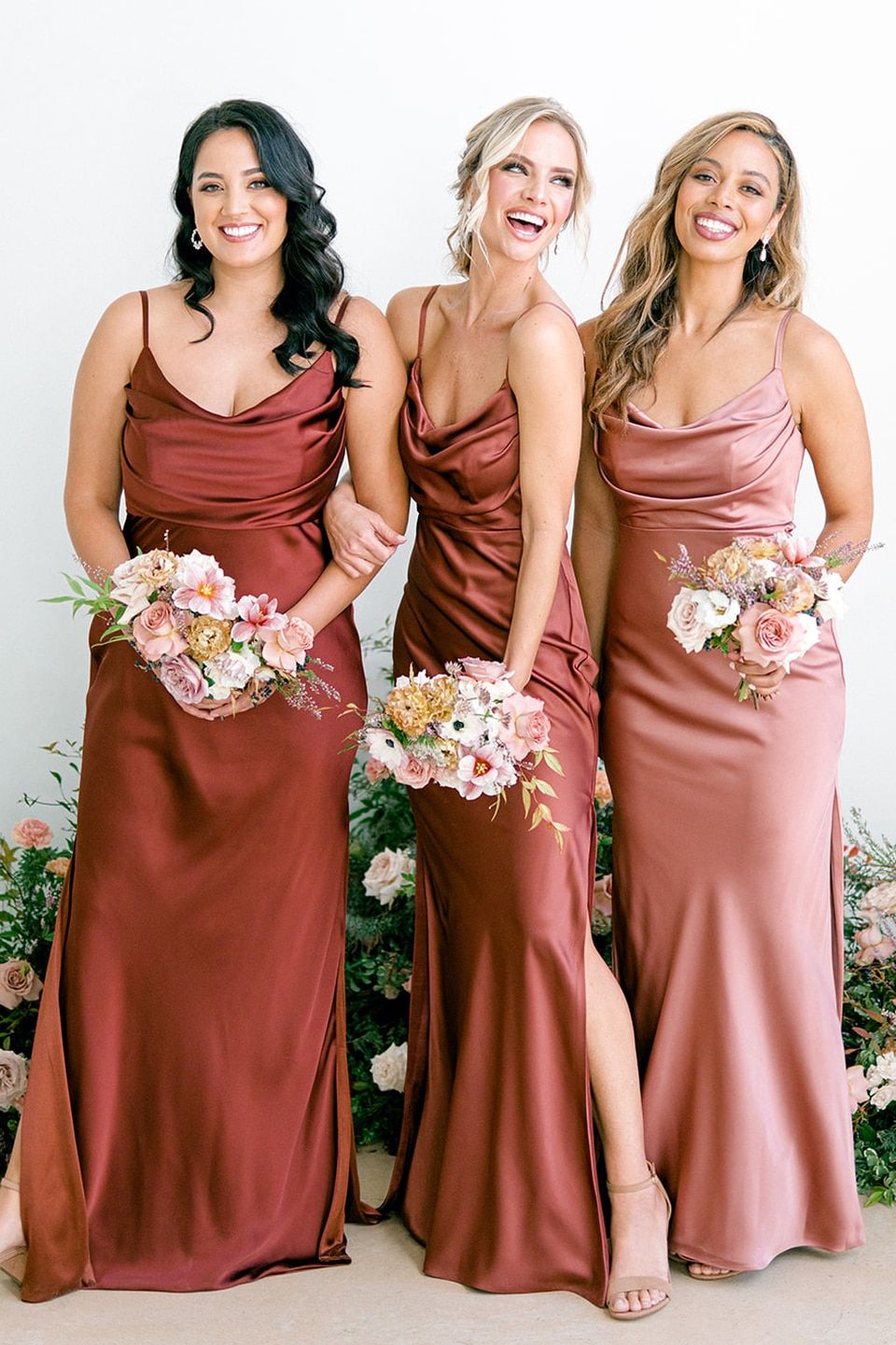 Long terracotta satin bridesmaid dresses
