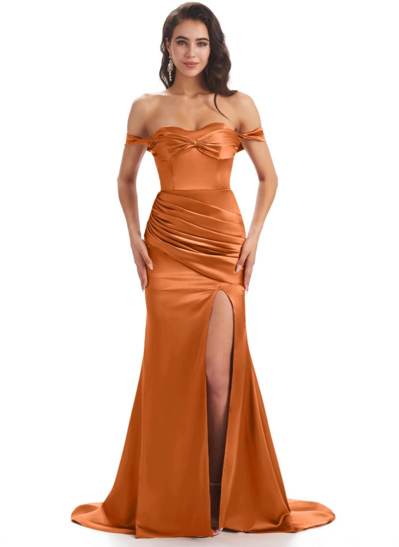 Long burnt-orange satin bridesmaid dresses